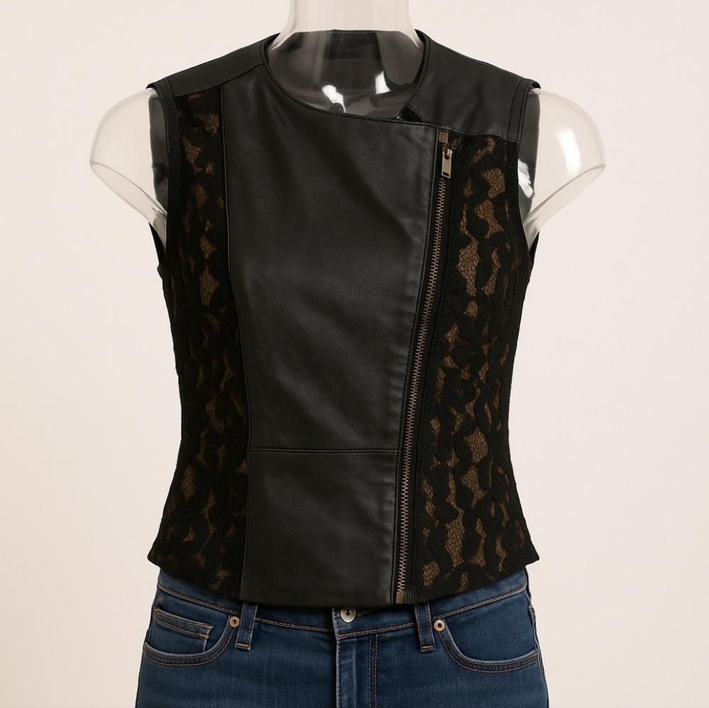 BCBGMAXAZRIA Black Faux Leather Lace Accent Moto Vest Womens XS‎ Sleeveless